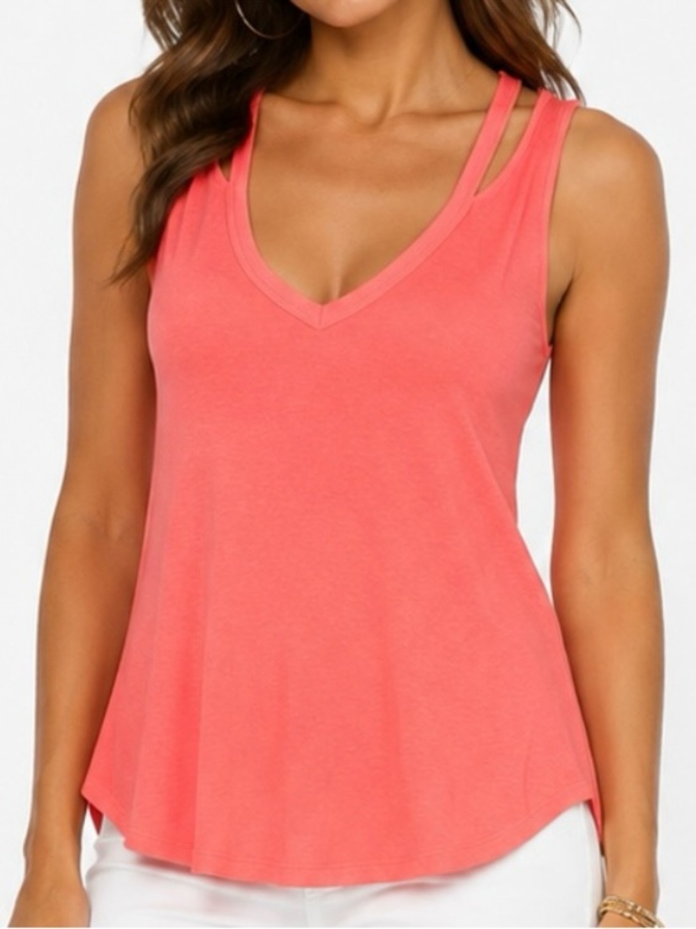 Express Women's Neon Coral Strappy Cut Out Shoulder V-Neck Tank Top